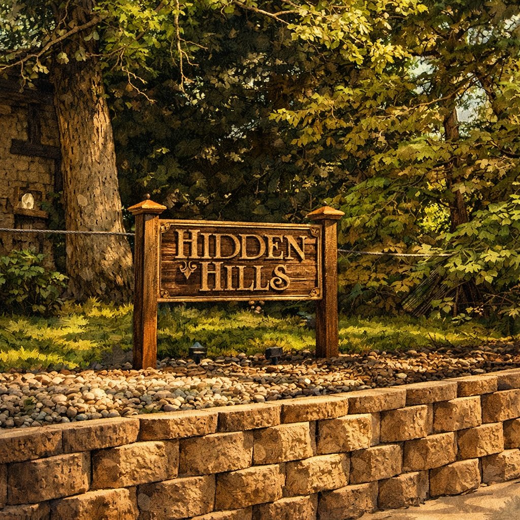Hidden Hills entrance sign surrounded by sunlit summer trees